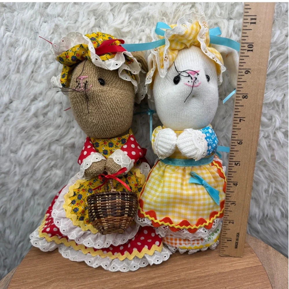 Easter Bunny Sock Dolls Handmade Spring Decor Set of‎ 2 Yellow Gingham Polka Dot